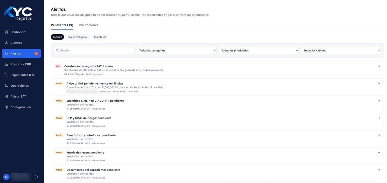 Listado de alertas pendientes del sujeto obligado y de sus clientes en KYC Digital