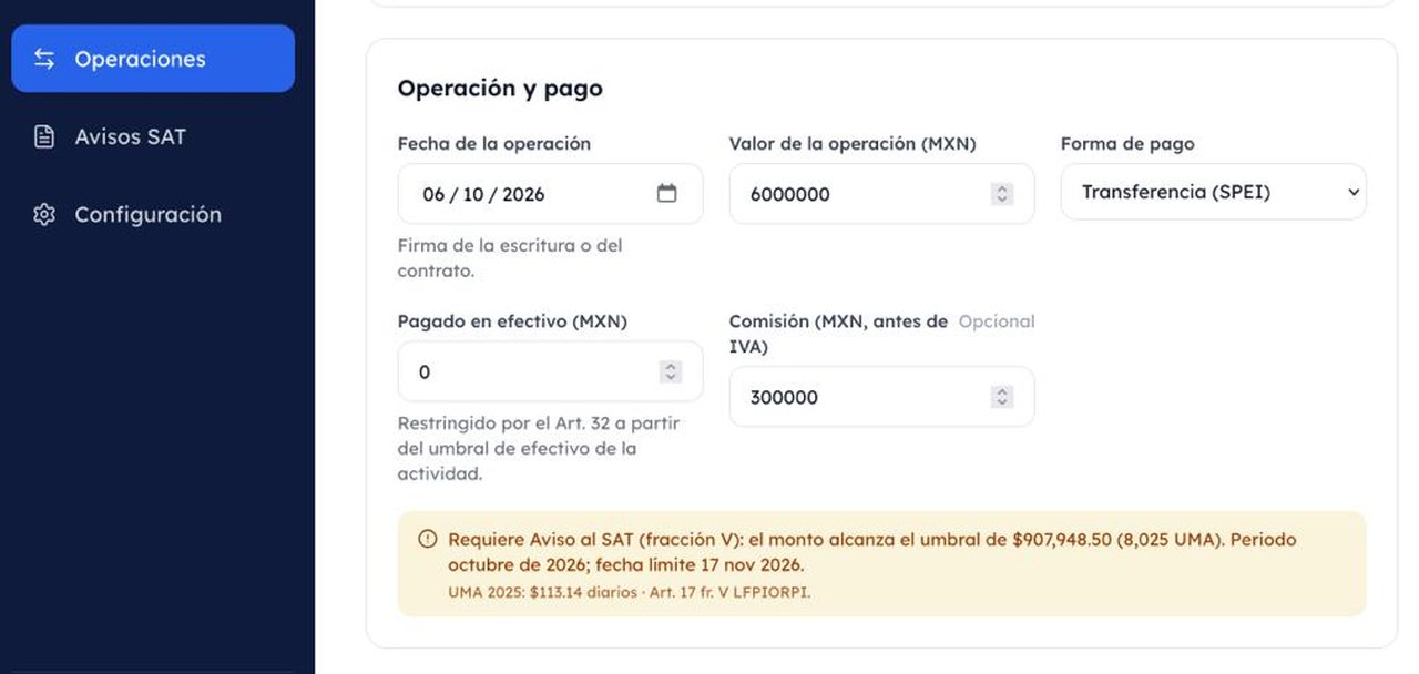 Registro de una operación en KYC Digital que detecta automáticamente cuándo requiere Aviso al SAT